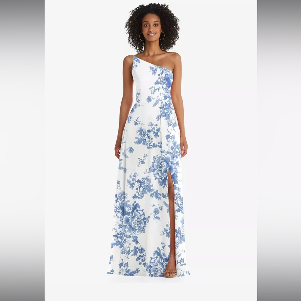 ONE-SHOULDER COTTAGE ROSE DUSK BLUE BRIDESMAID DRESS - AFTER SIX COLLECTION